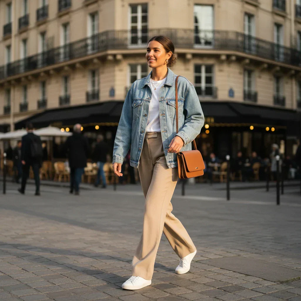 femme moderne en veste en jean oversize bleu clair avec t-shirt blanc, pantalon beige et baskets, marchant en ville style chic-décontracté.