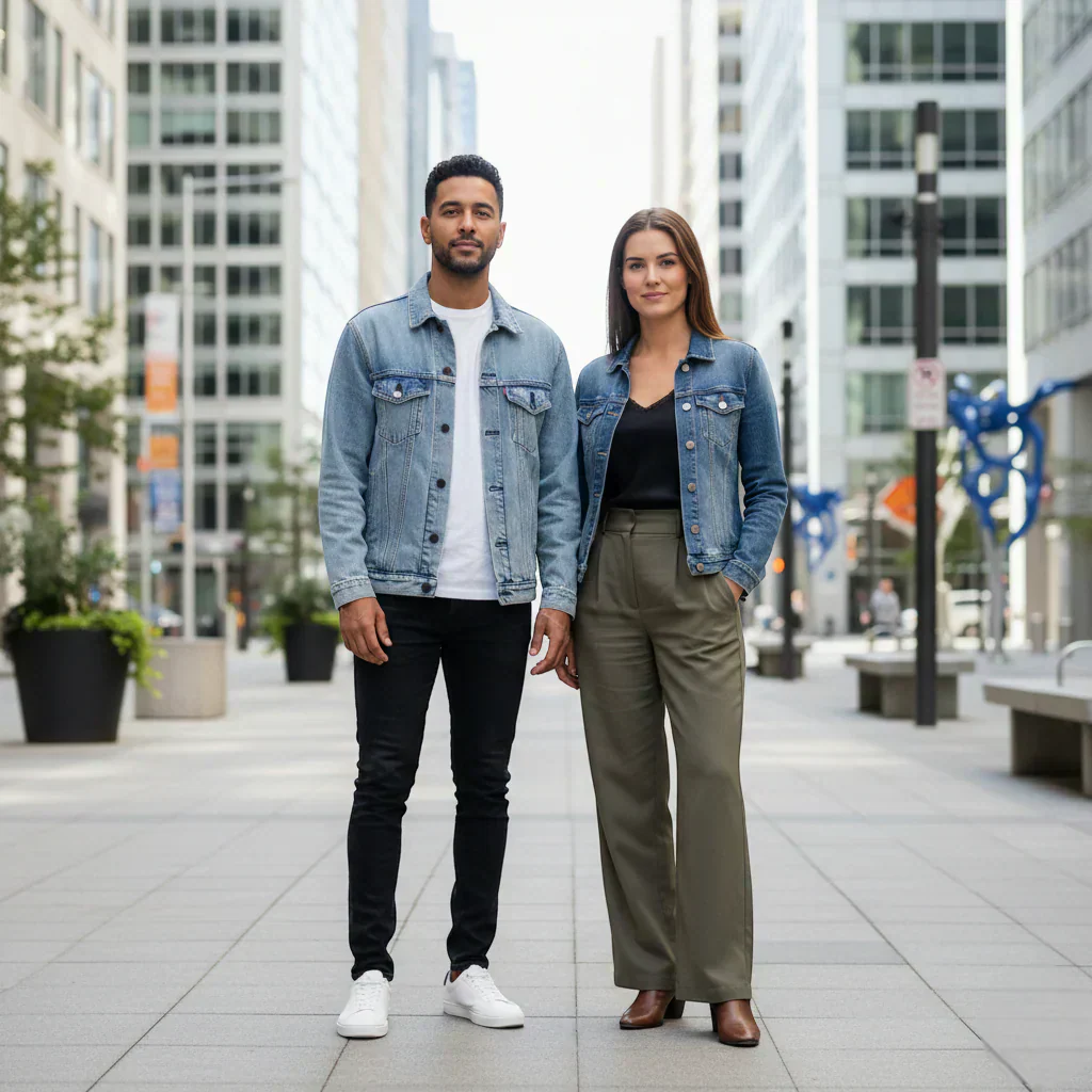 Homme et femme portant des vestes en jean dans un style urbain intemporel.