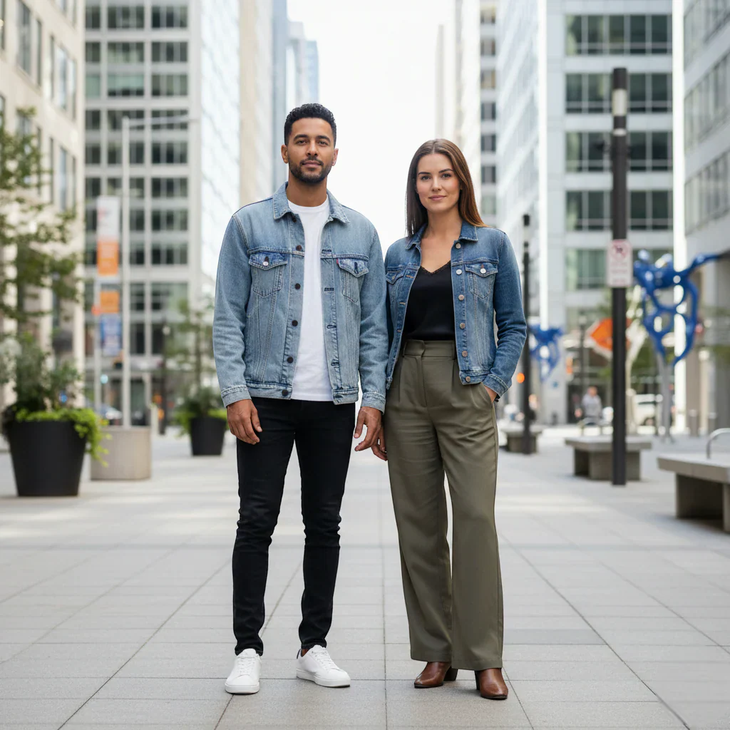 Homme et femme portant des vestes en jean dans un style urbain intemporel. Image