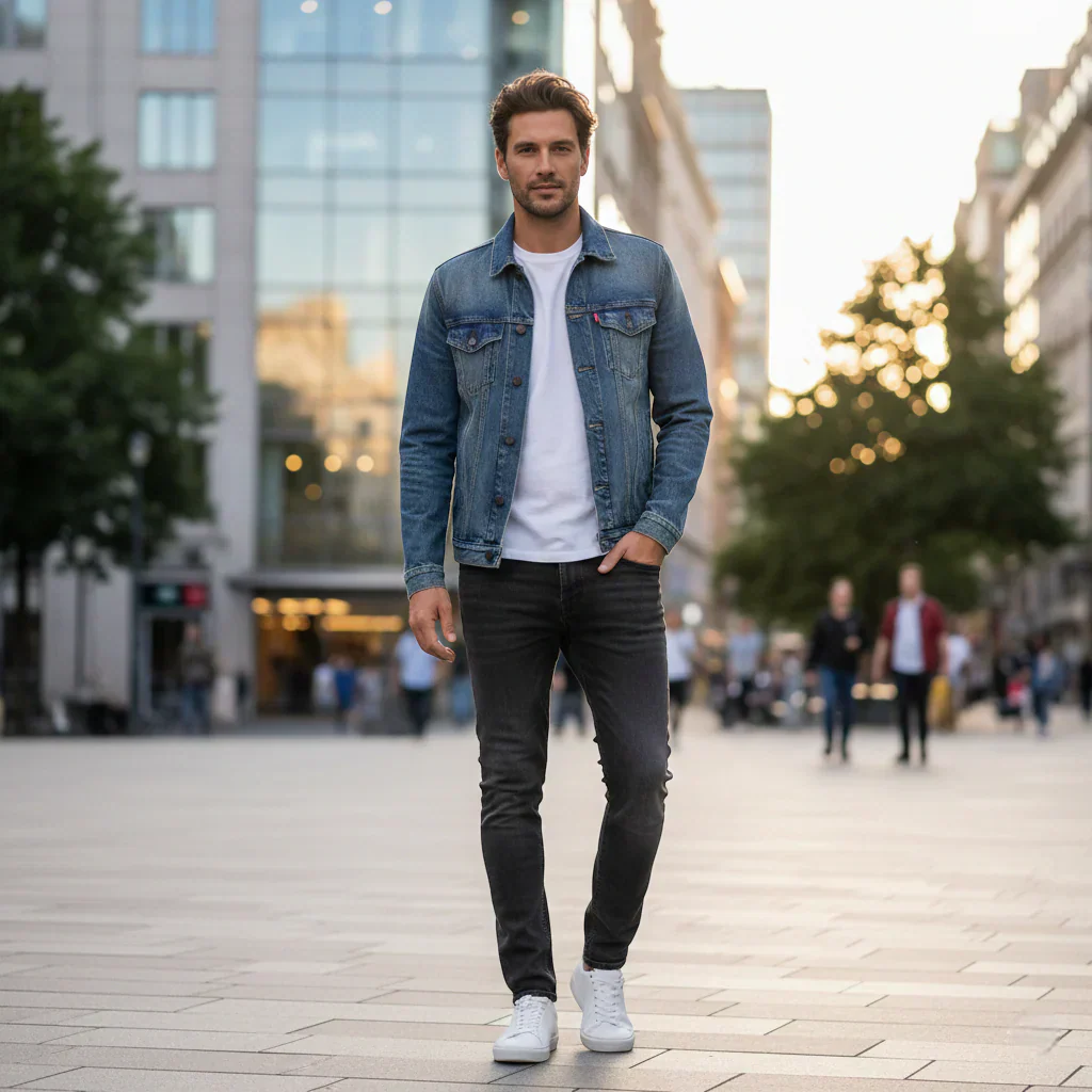 homme portant une veste en jean bleue dans un look casual urbain Image