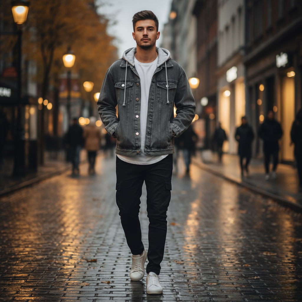 Blouson jean capuche homme gris en denim avec doublure coton, porté en ville par temps frais. Image
