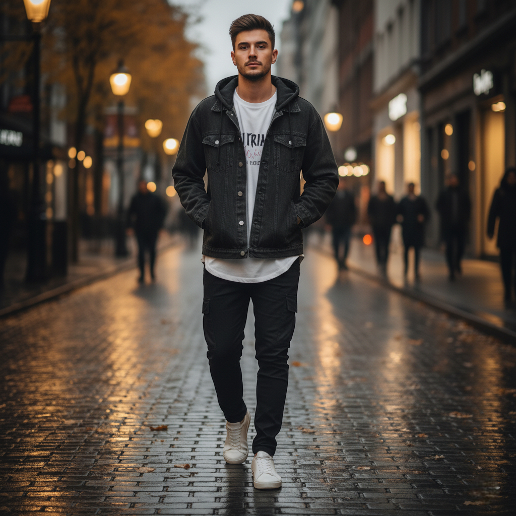 Blouson jean noir homme en denim avec capuche intégrée, porté en ville sur un pantalon noir. Image