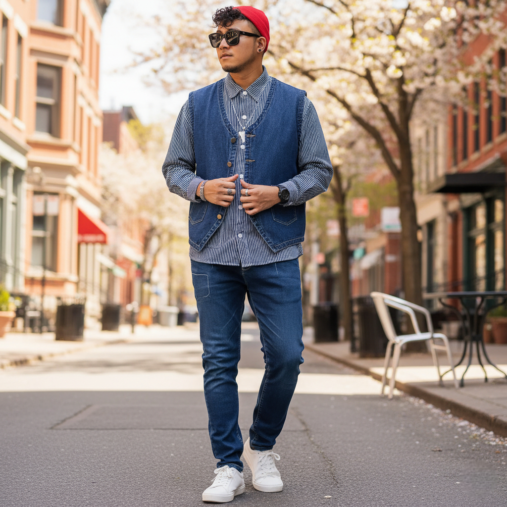 Gilet en jean homme sans manche​, coupe droite avec poches plaquées sur le devant. Image