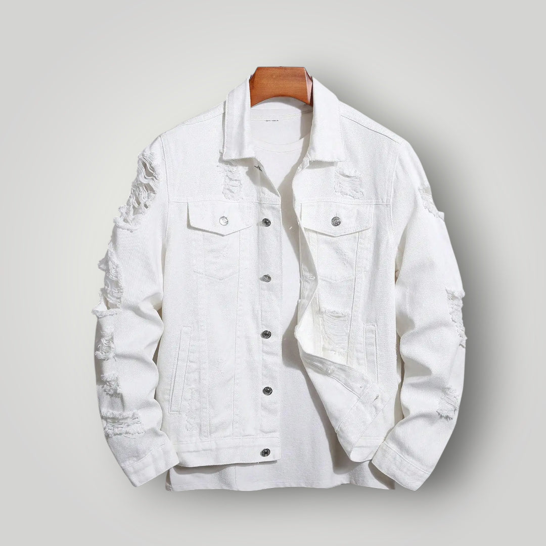 Veste en jean blanche déchirée homme