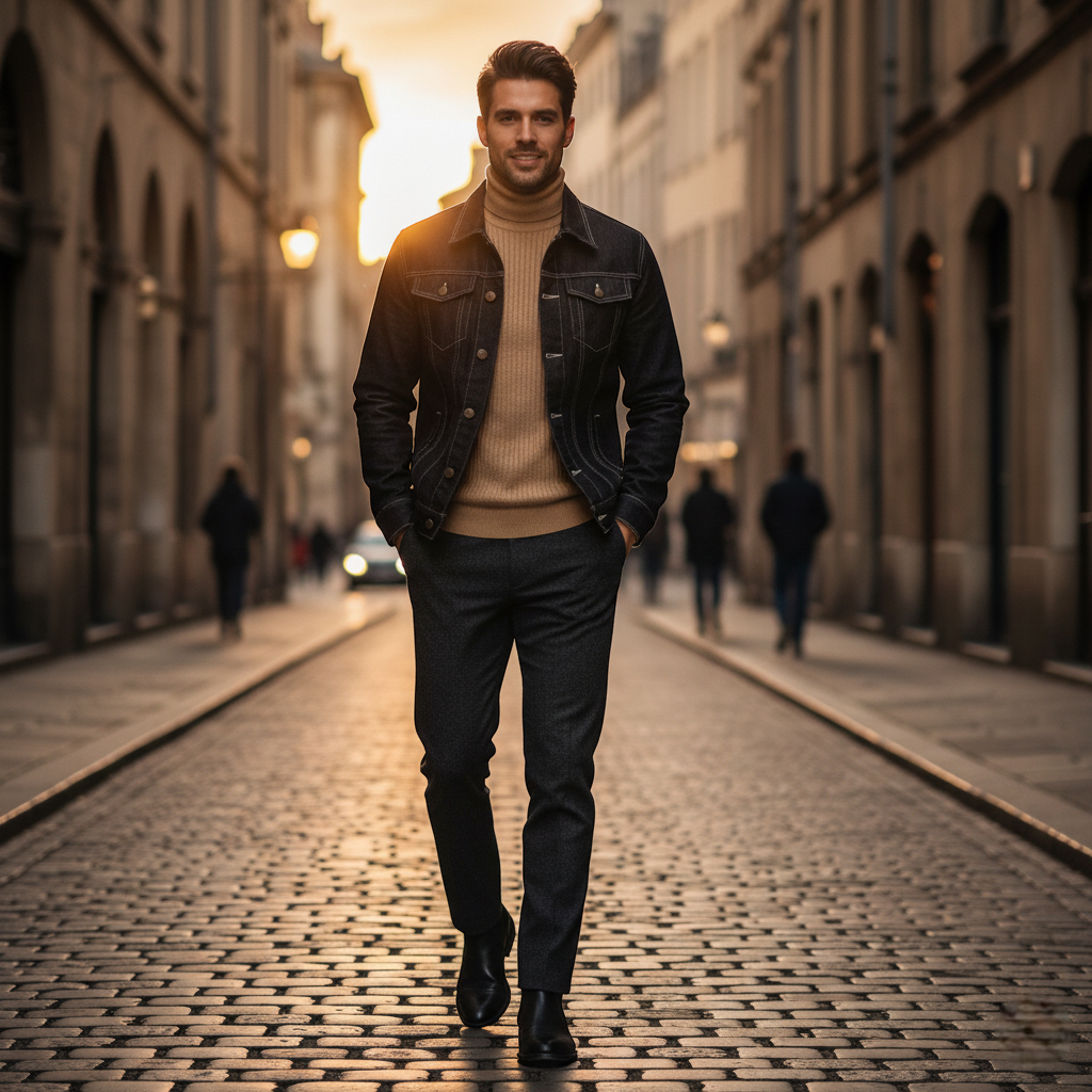 Veste denim noir homme en jean épais, portée sur un pull beige, style urbain et élégant. Image