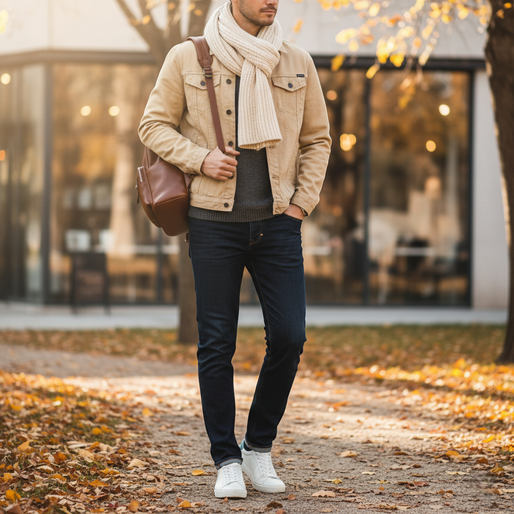 Veste en jean beige homme en denim, coupe droite, portée avec écharpe et sac en cuir marron. Image