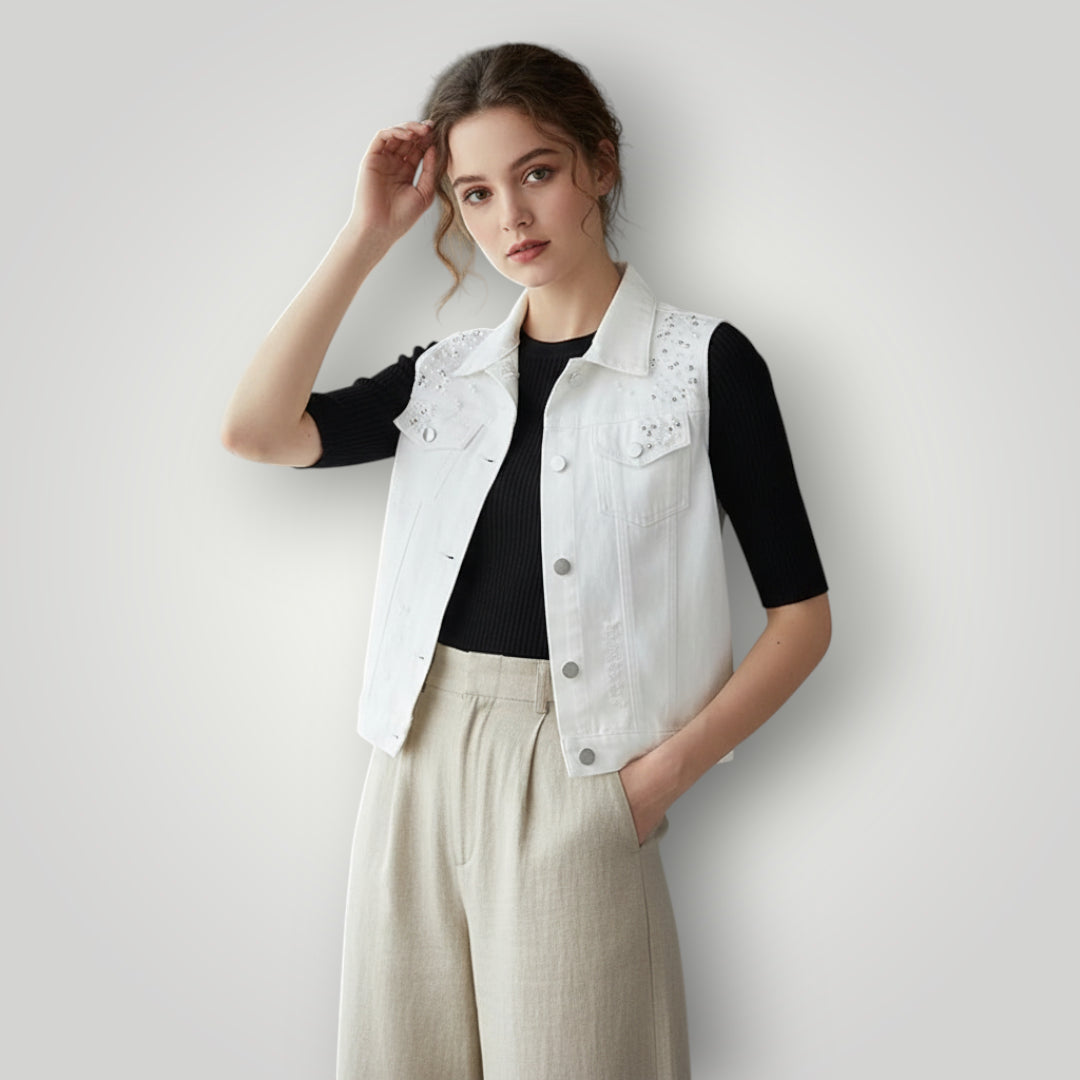 Veste en jean blanche femme avec perles