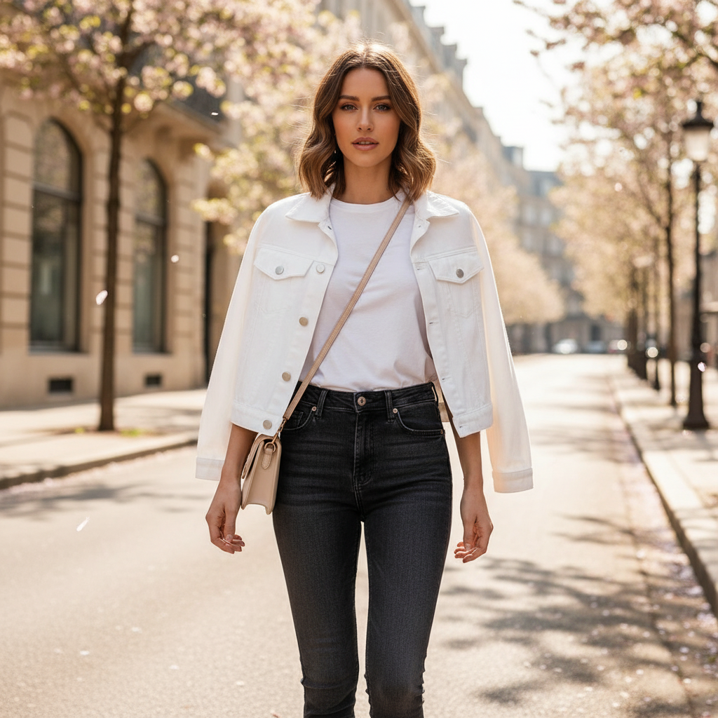 Veste en jean blanche femme courte​en coton, coupe droite avec poches à rabat, portée sur un t-shirt uni. Image
