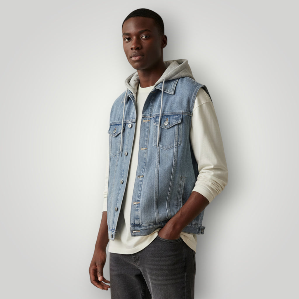 Veste en jean bleu à capuche sans manches