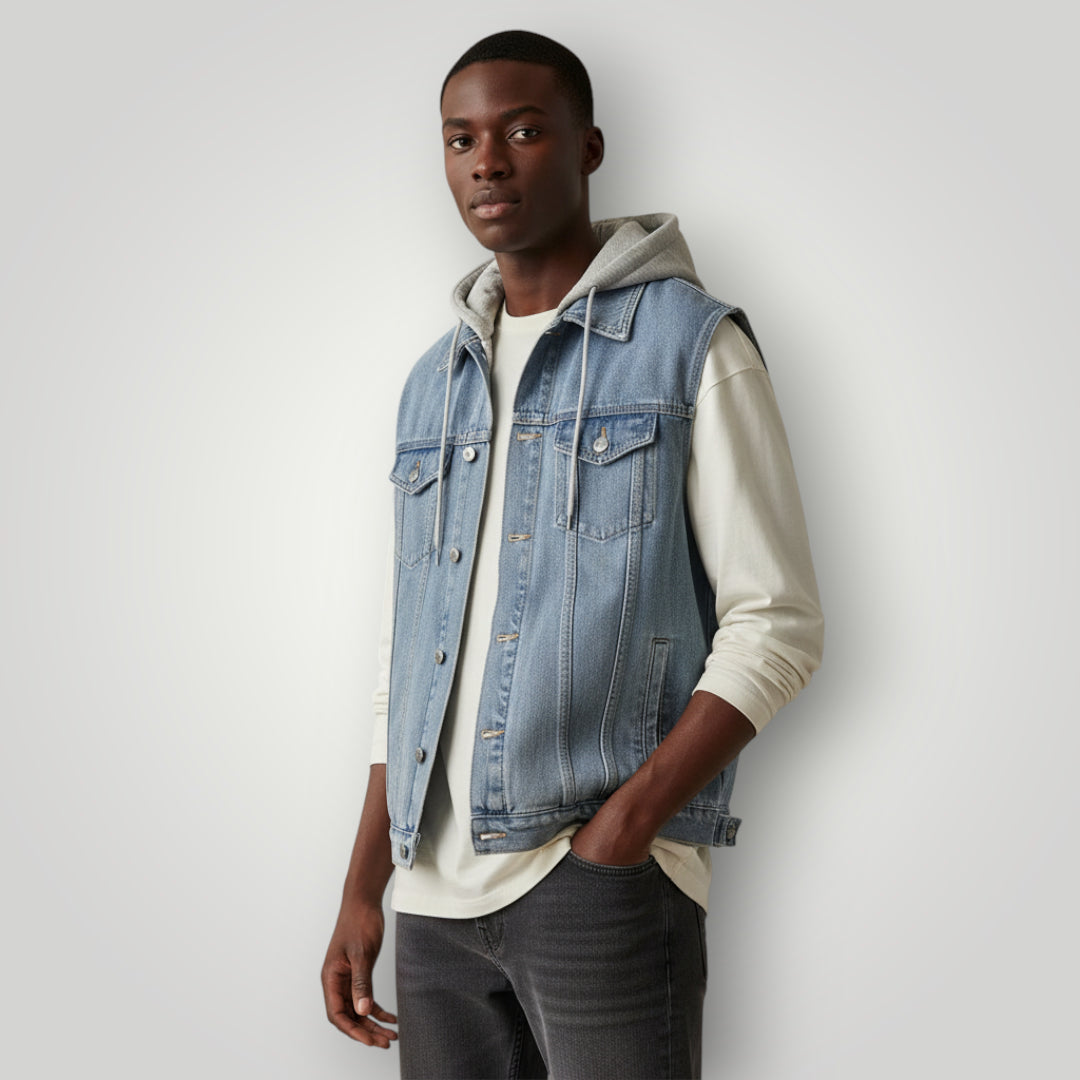 Veste en jean bleu à capuche sans manches