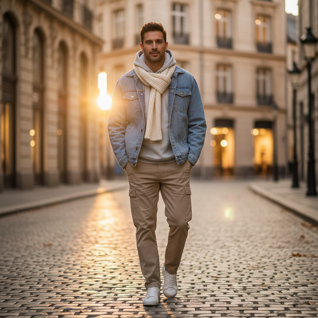 Veste en jean bleu clair homme en denim, portée avec un hoodie gris et un pantalon beige. Image