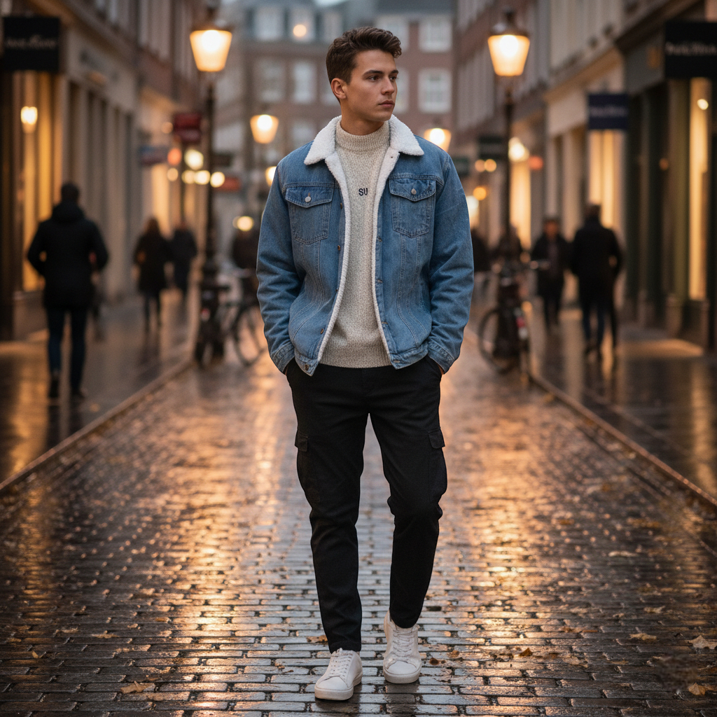 Veste en jean chaude homme bleu clair en denim doublée de sherpa, coupe droite et col classique. Image