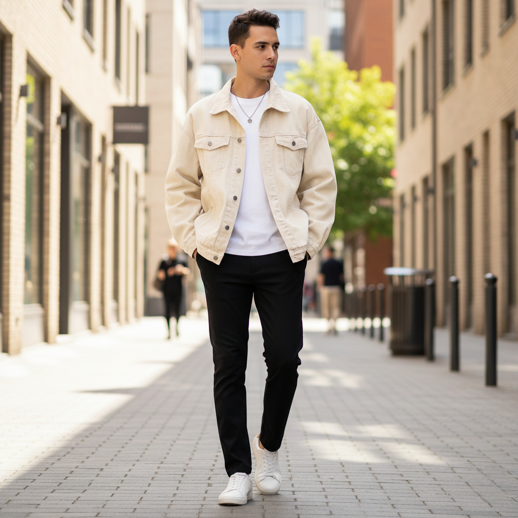 Veste en jean creme homme, coupe droite avec poches poitrine et boutons métal. Image