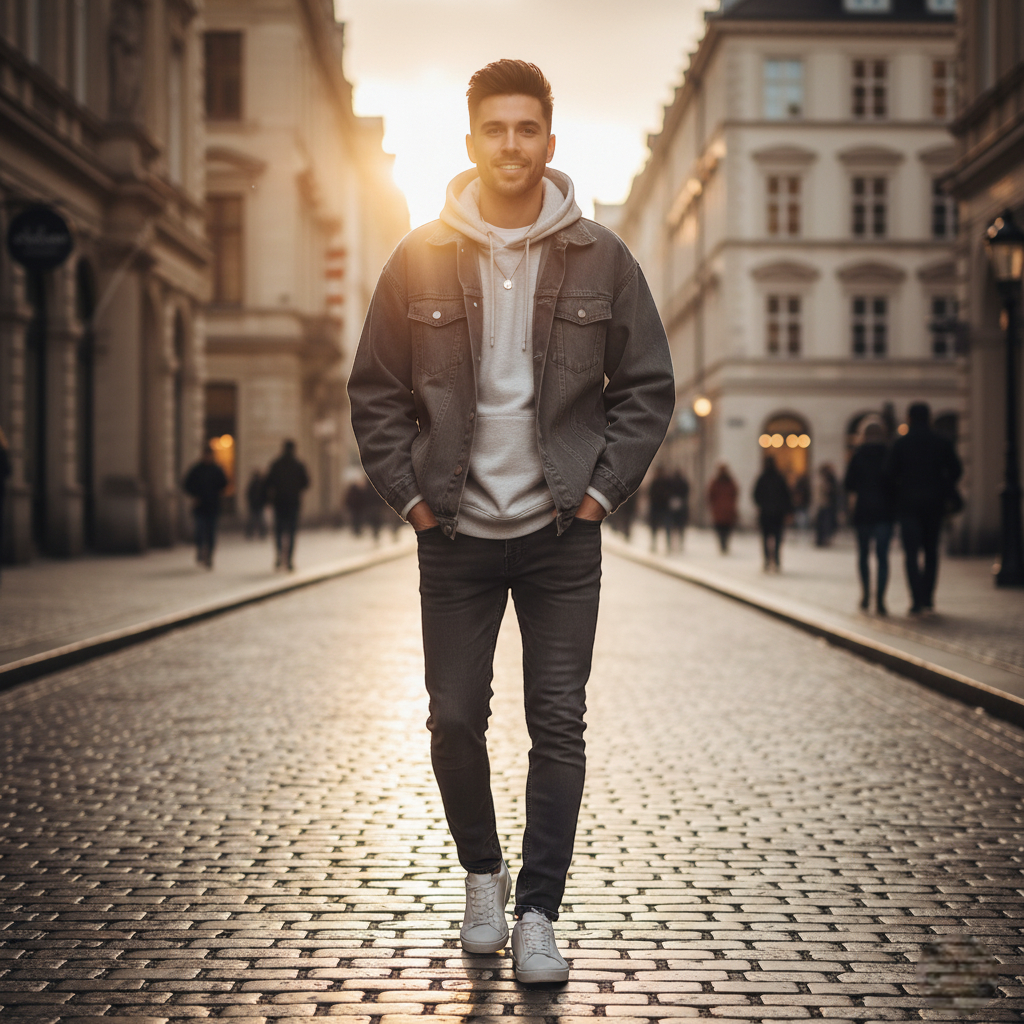 Veste en jean grise homme en denim, coupe droite, portée sur un hoodie sur rue pavée en ville. Image