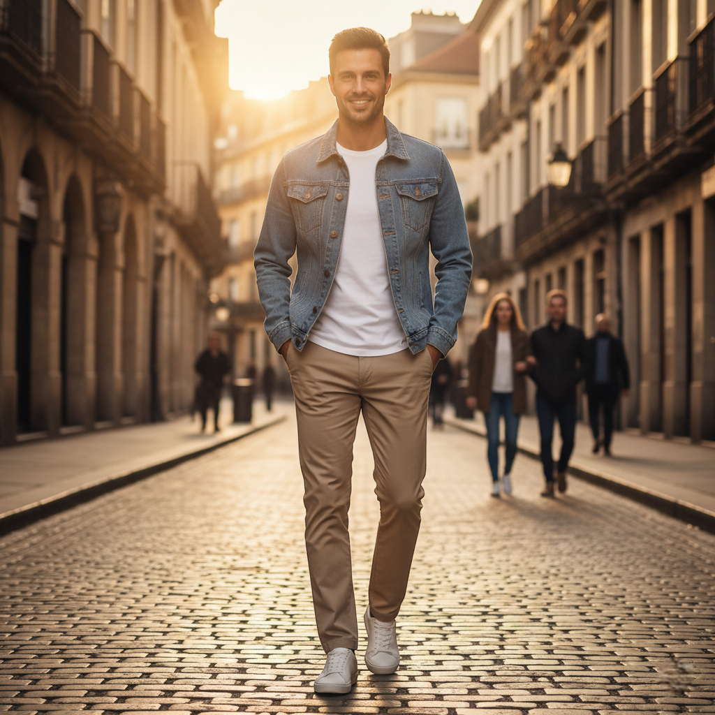 Veste en jean homme bleu clair en denim, portée ouverte sur un t-shirt blanc et un pantalon beige. Image