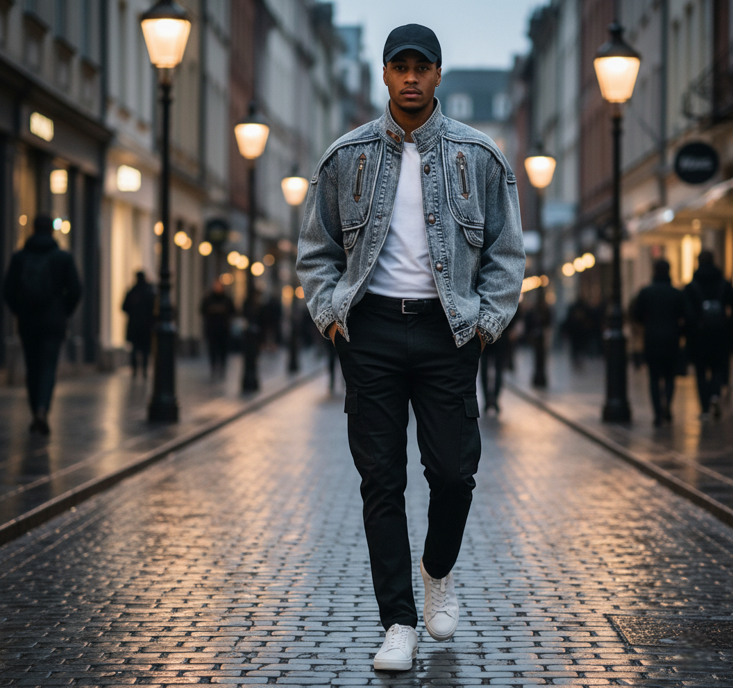 Veste en jean homme col montant en denim bleu clair, coupe droite avec poches zippées. Image