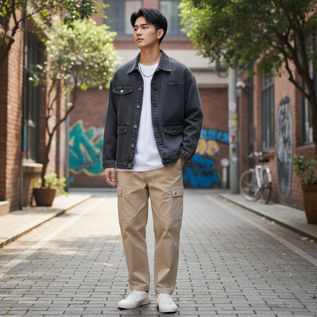 Veste en jean homme gris foncé en denim épais, coupe droite avec poches à rabat et boutonnage. Image