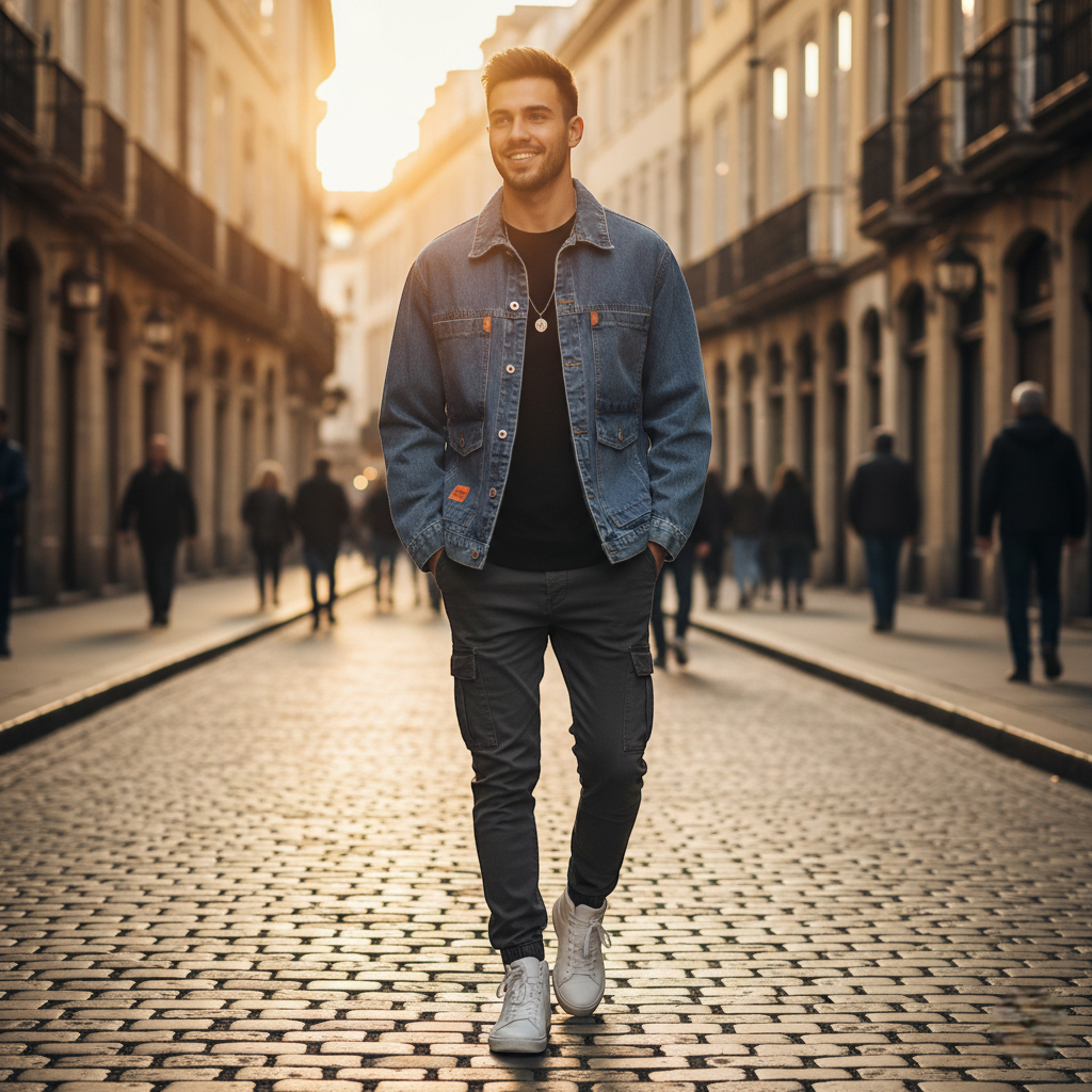 Veste en jean homme tendance en denim bleu, coupe droite, portée sur un t-shirt noir. Image