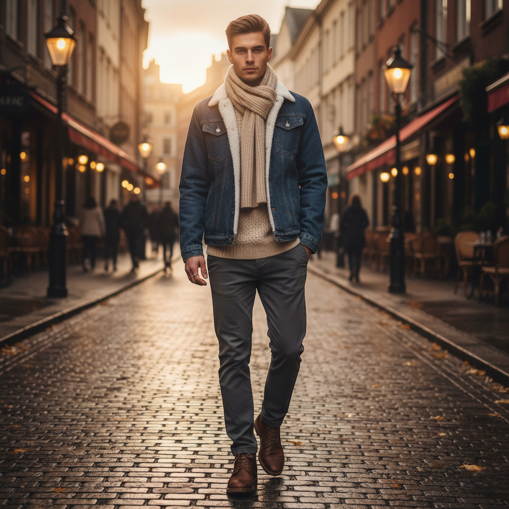Veste en jean laine homme bleu avec col doublé, portée sur un pull beige en laine épaisse. Image