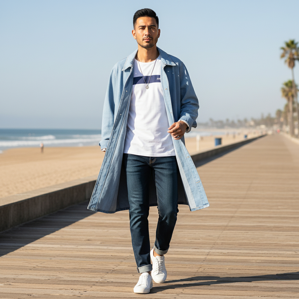 Veste en jean longue homme en denim bleu clair, coupe droite, portée ouverte sur un t-shirt casual. Image