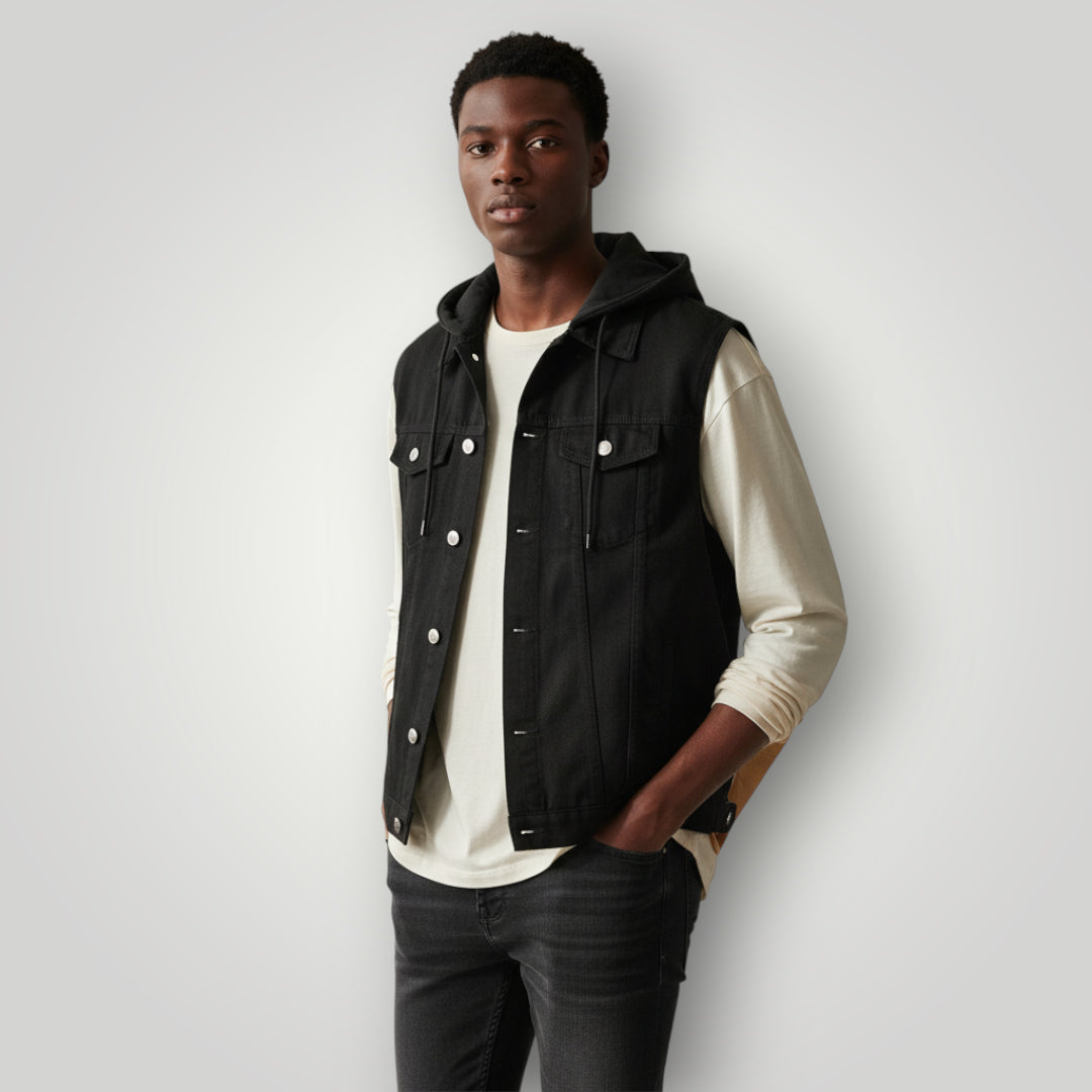 Veste en jean noir à capuche sans manches