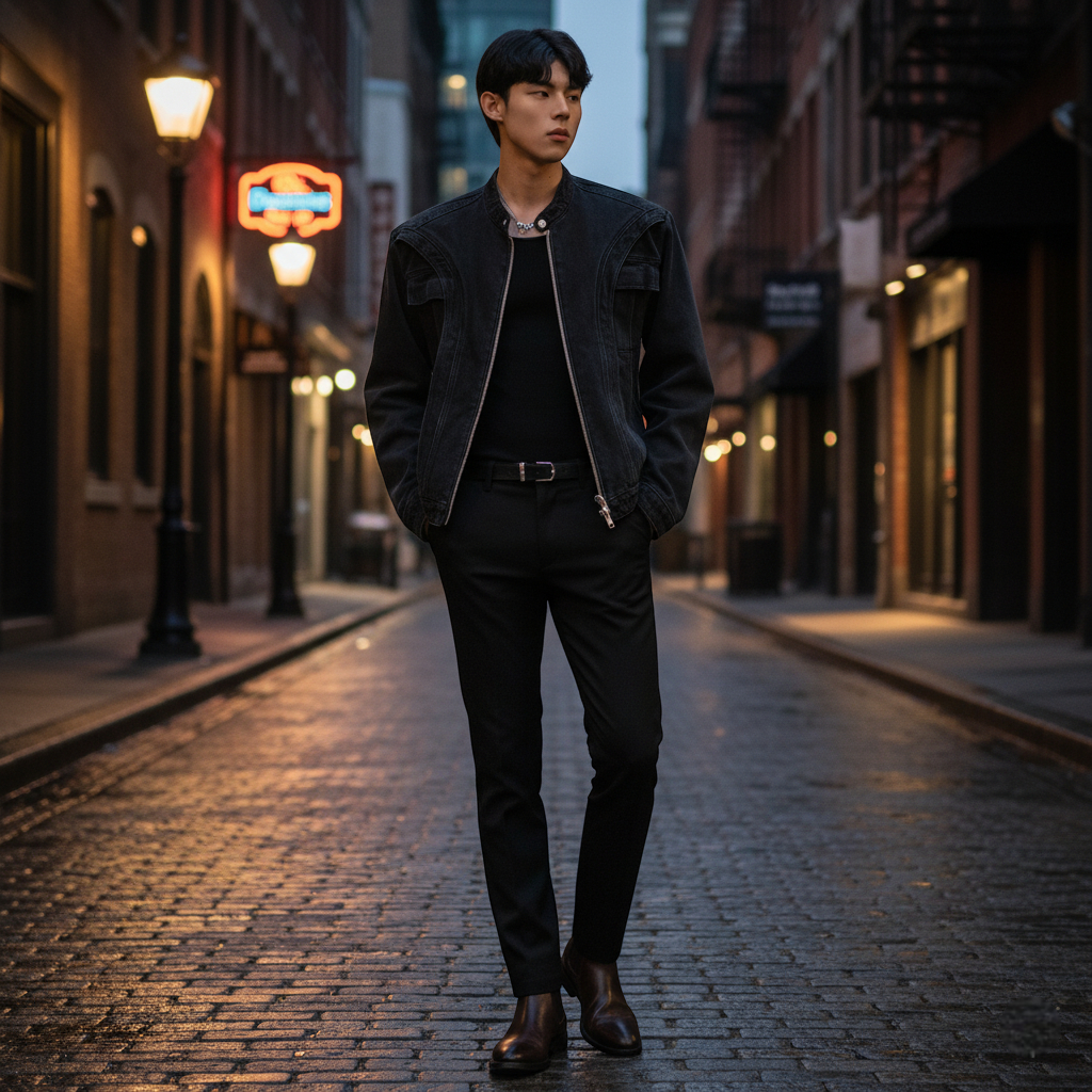 Veste en jean noir délavé homme​ en denim épais, portée avec un pantalon droit et bottines cuir. Image