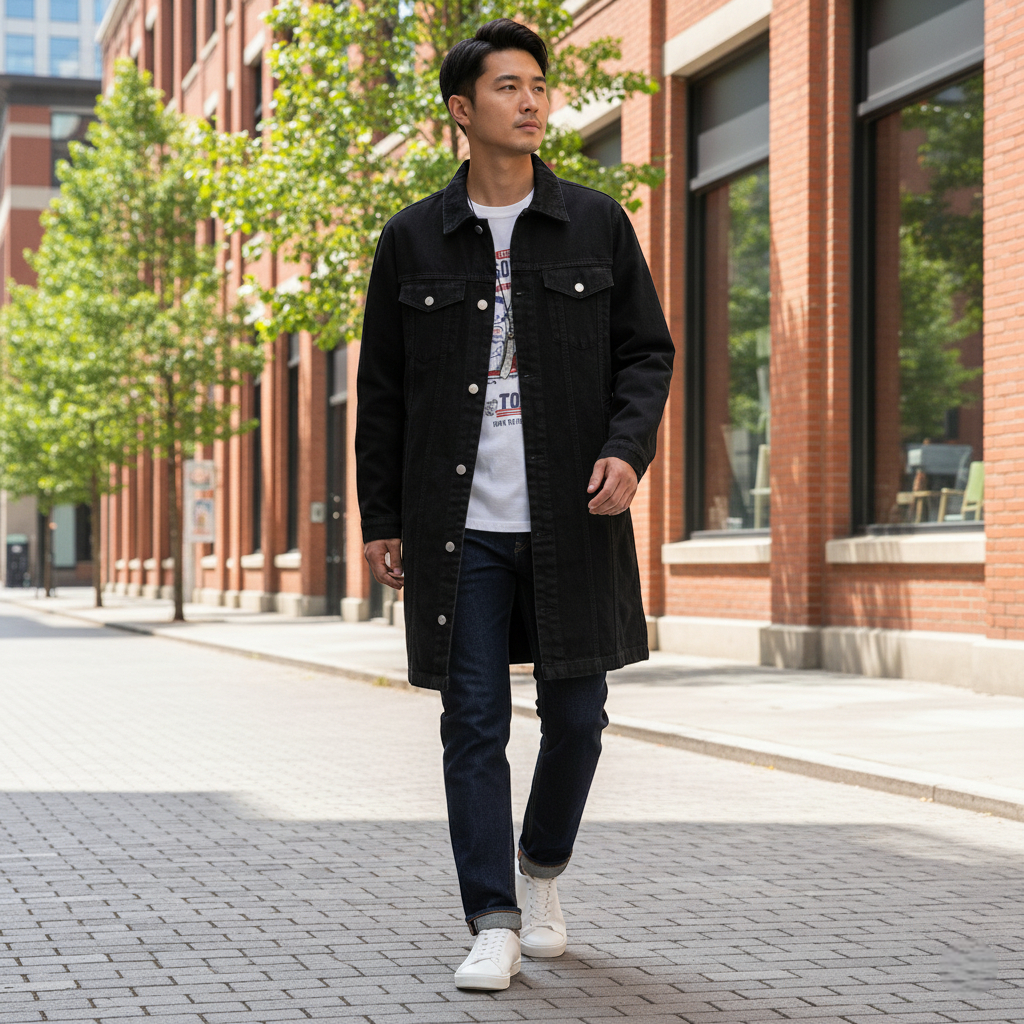 Veste en jean noir longue homme en denim épais, coupe droite, avec poches à rabat et boutons métal. Image