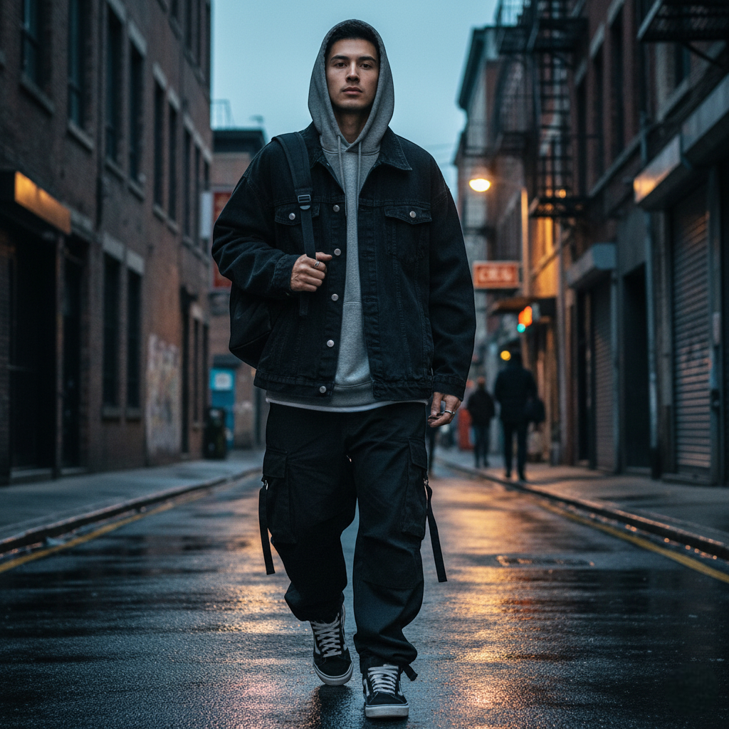 Veste en jean noir oversize homme en denim épais, portée ouverte sur un sweat à capuche gris. Image