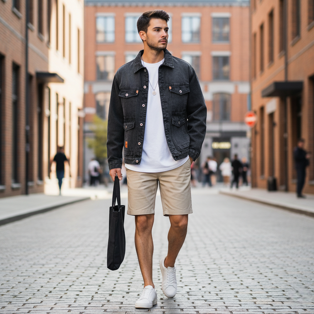 Veste en jean noire loose homme en denim épais, coupe ample avec poches à rabat sur la poitrine. Image