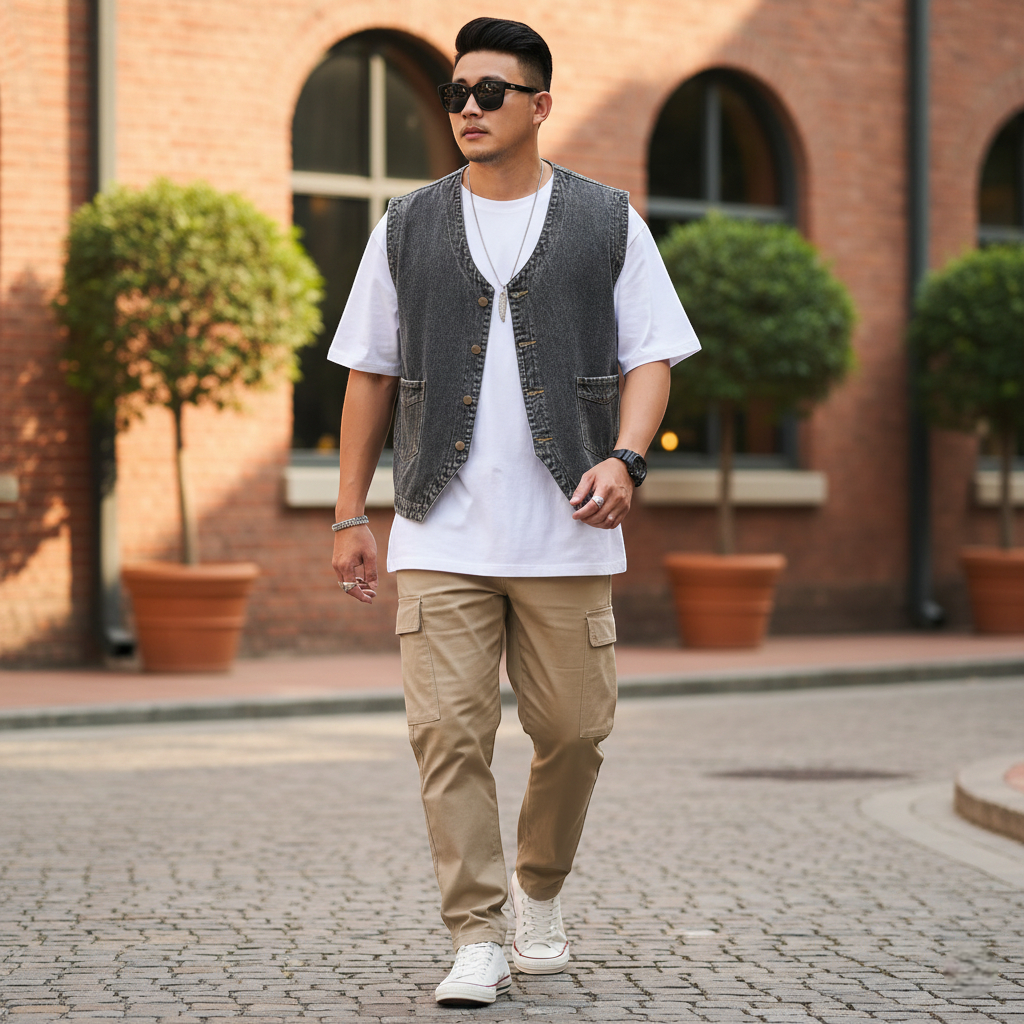 Veste en jean sans col homme​en jean gris, coupe droite avec boutons et poches. Image