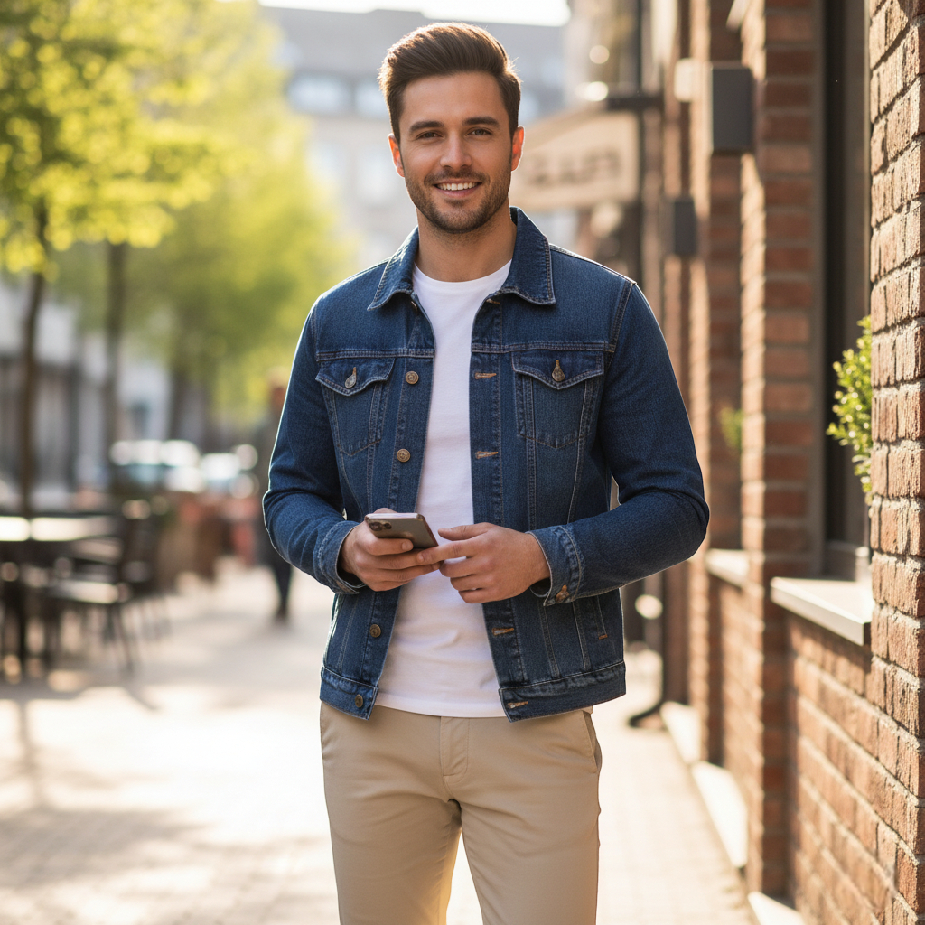 Veste en jean slim homme bleu foncé en denim, coupe ajustée avec poches poitrine à rabat. Image