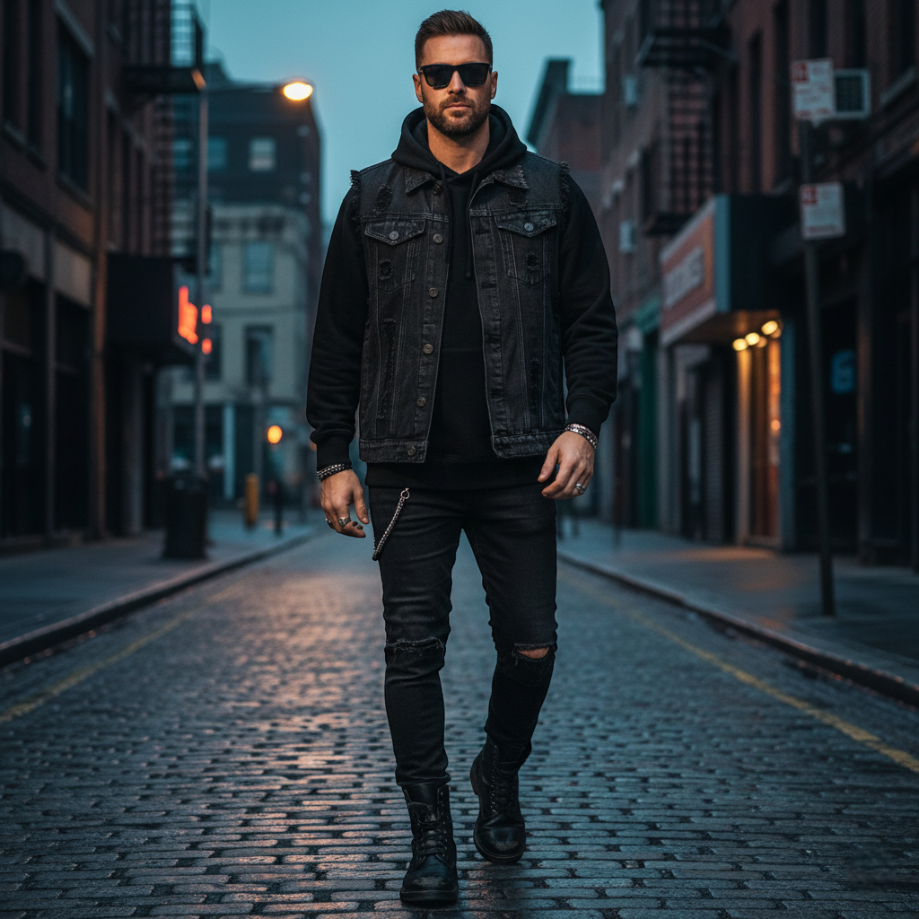 Veste en jean troué homme​, style urbain avec finitions effilochées. Image