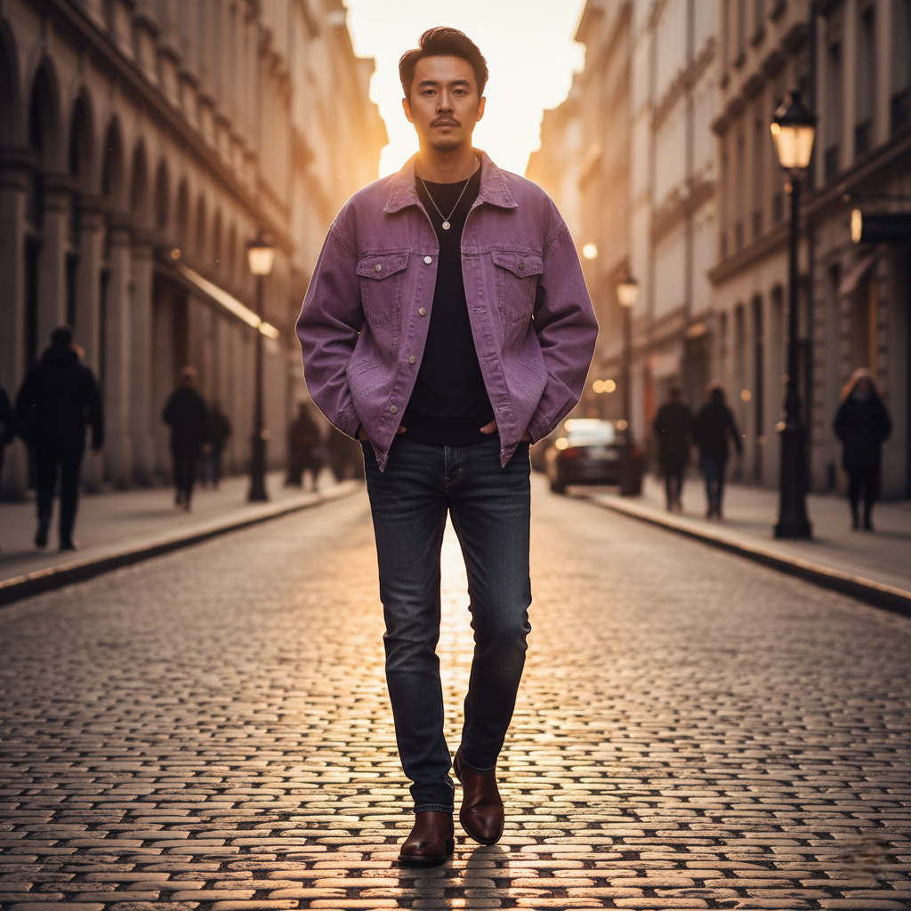 Veste en jean violette homme en denim épais, coupe droite, portée sur un jean foncé. Image