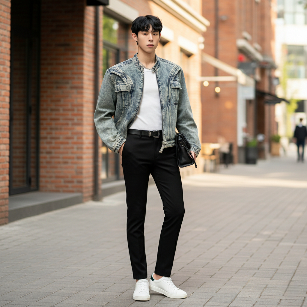 Veste en jean zippé homme bleu délavé en denim, coupe droite avec poches poitrine plaquées. Image