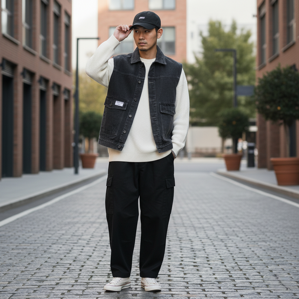 Veste grise sans manche en jean homme, denim épais, poches à rabat, style décontracté urbain. Image