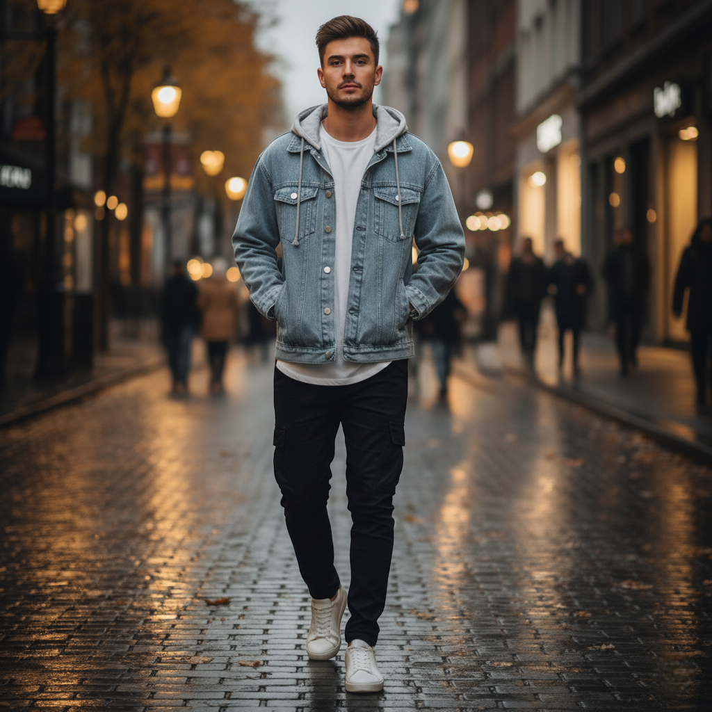 Veste jean capuche homme en denim bleu clair avec doublure gris chiné, coupe droite moderne. Image