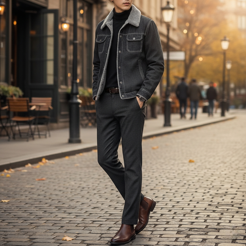Veste jean fourrée homme noire en denim avec col en sherpa, style décontracté et chaud. Image