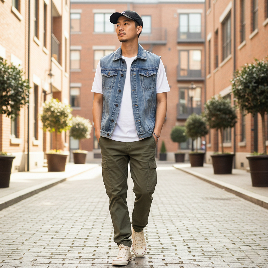 Veste sans manche en jean bleu clair homme, en denim, à col classique et poches poitrine à rabat. Image