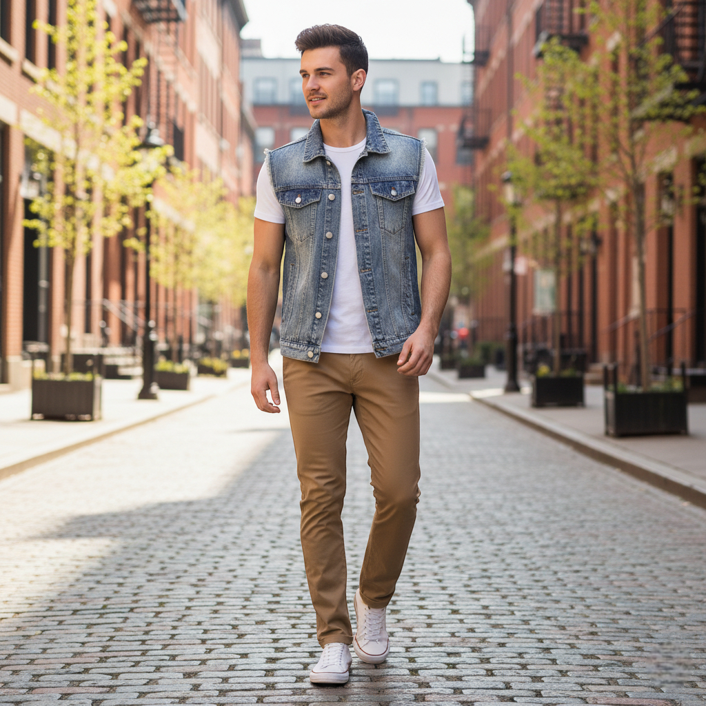 Veste sans manche en jean délavé homme bleu clair en denim, coupe droite avec poches à rabat. Image