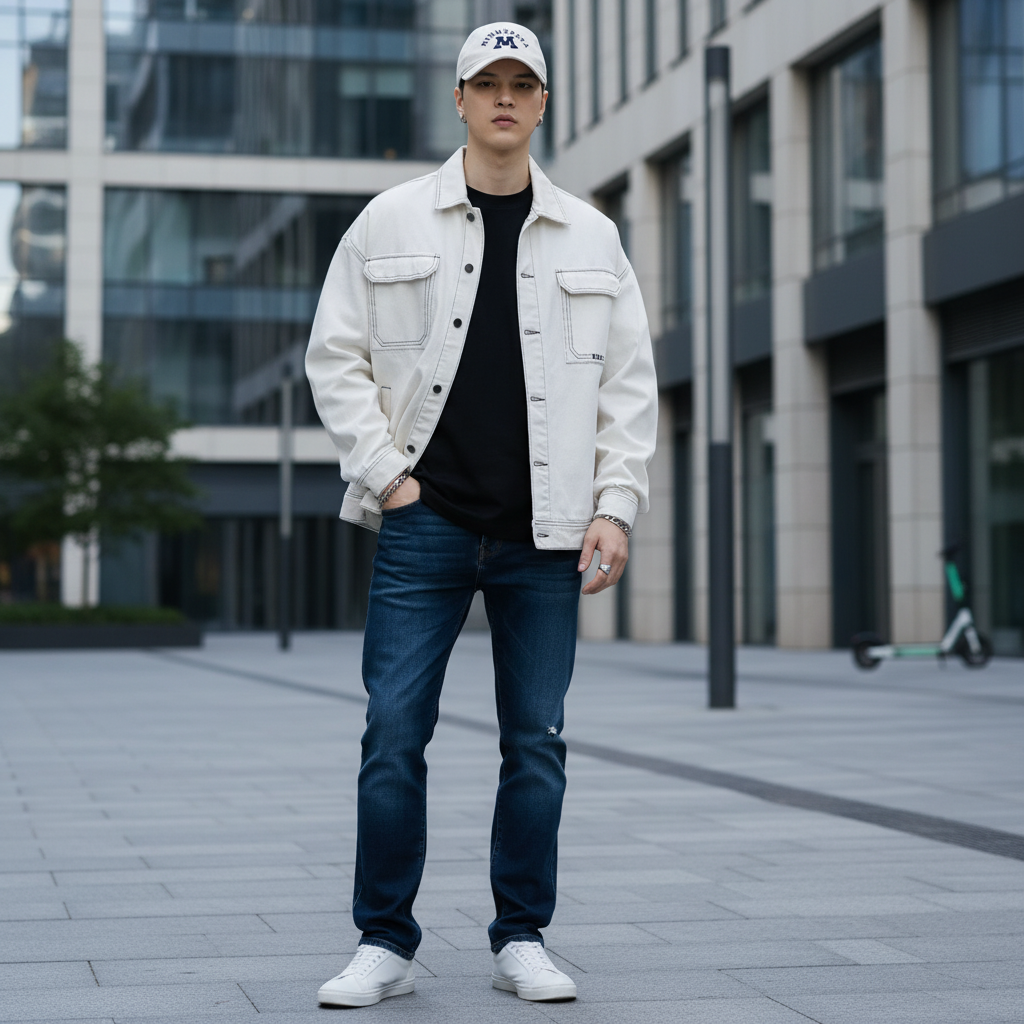 Blouson jean blanc homme en denim épais avec poches poitrine et boutons métal apparents. Image