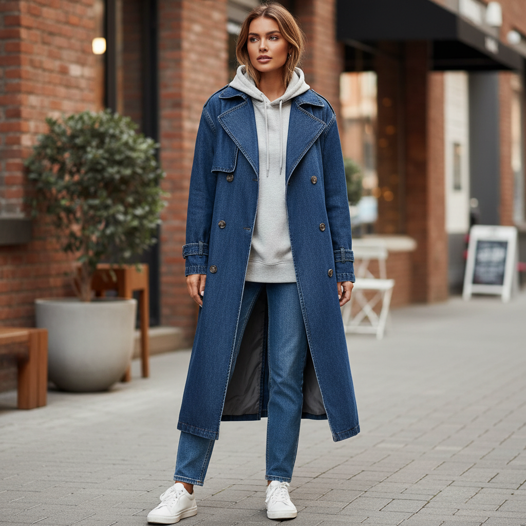 Manteau en jean femme long bleu en denim, coupe droite avec boutonnage croisé et col tailleur. Image