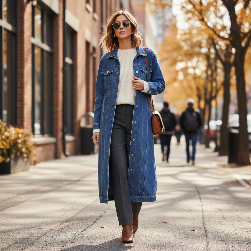 Manteau long en jean femme bleu en denim, à boutons, porté en extérieur avec un style décontracté. Image