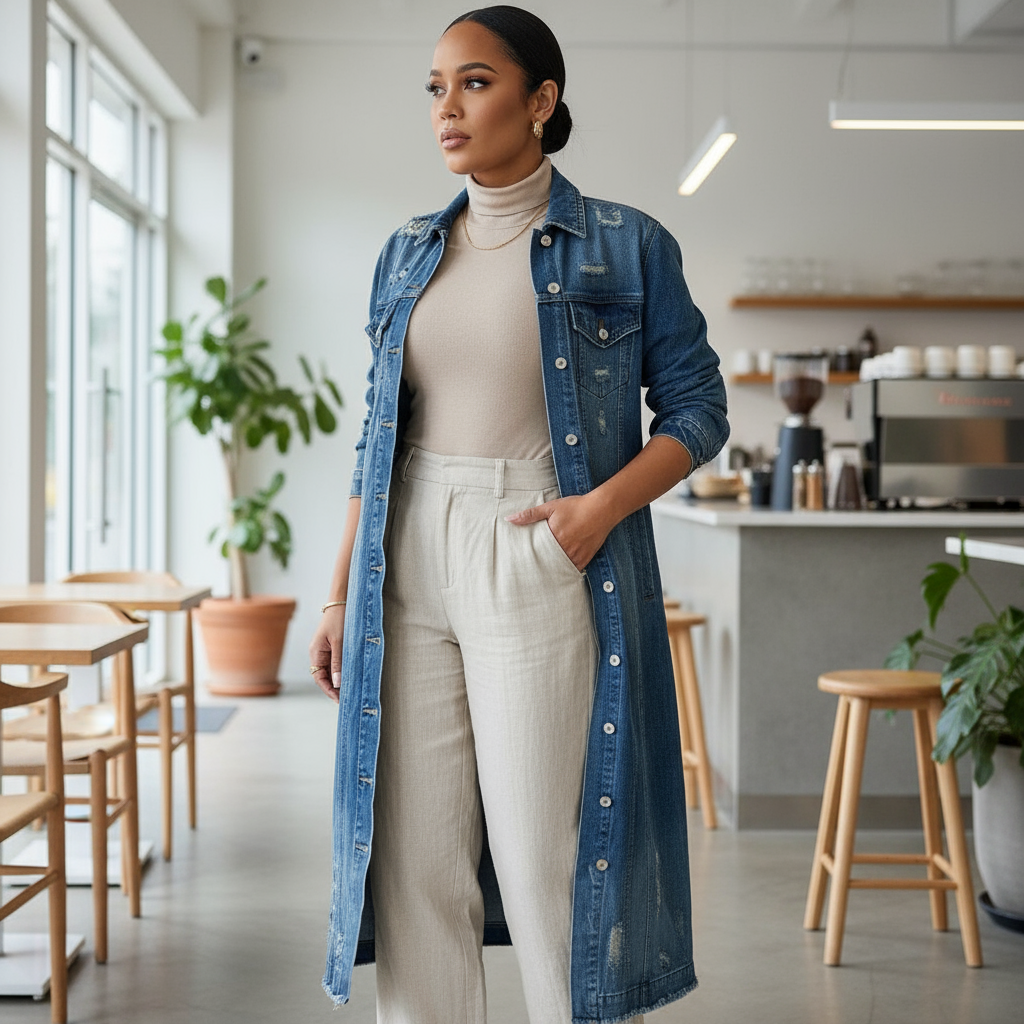 Trench en jean femme bleu moyen en denim, long et boutonné, avec manches longues et poches plaquées. Image