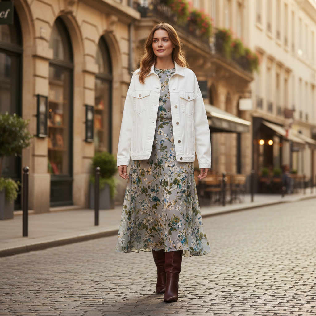 Veste denim blanche en coton, coupe droite avec poches poitrine, portée sur une robe fleurie. Image