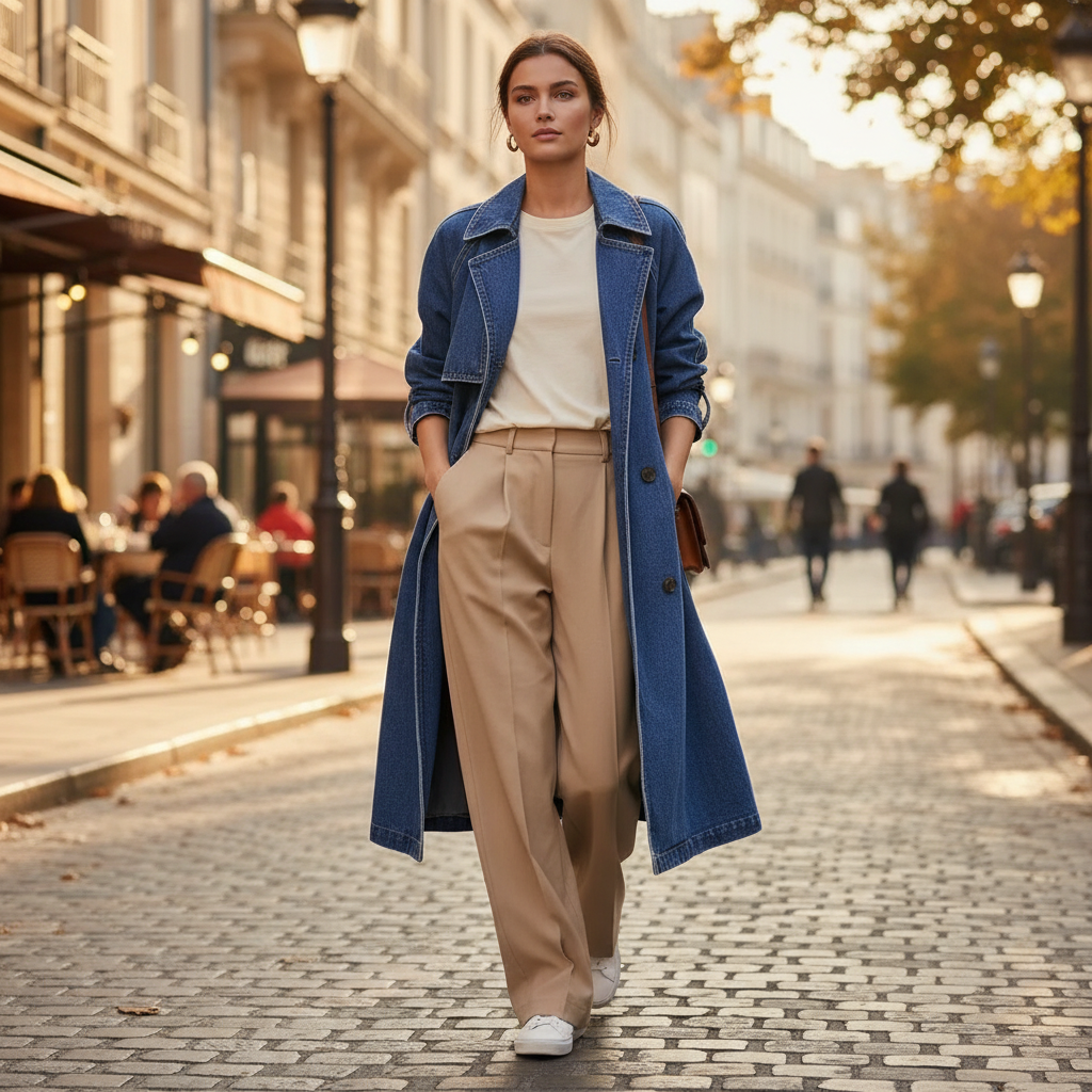 Veste denim longue femme en jean bleu, en coton, portée ouverte sur un haut clair et pantalon beige. Image