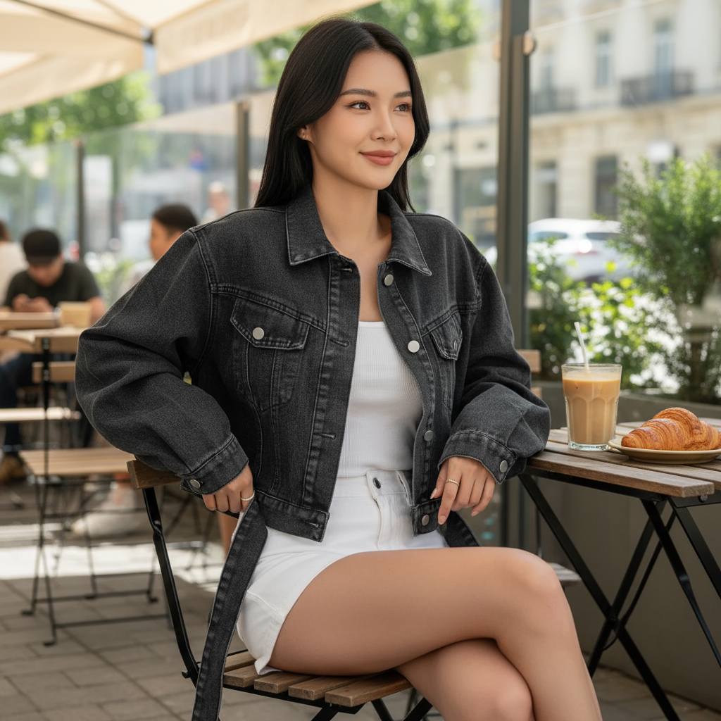 Veste denim noire en coton épais, coupe courte avec poches à rabat et boutons métalliques. Image