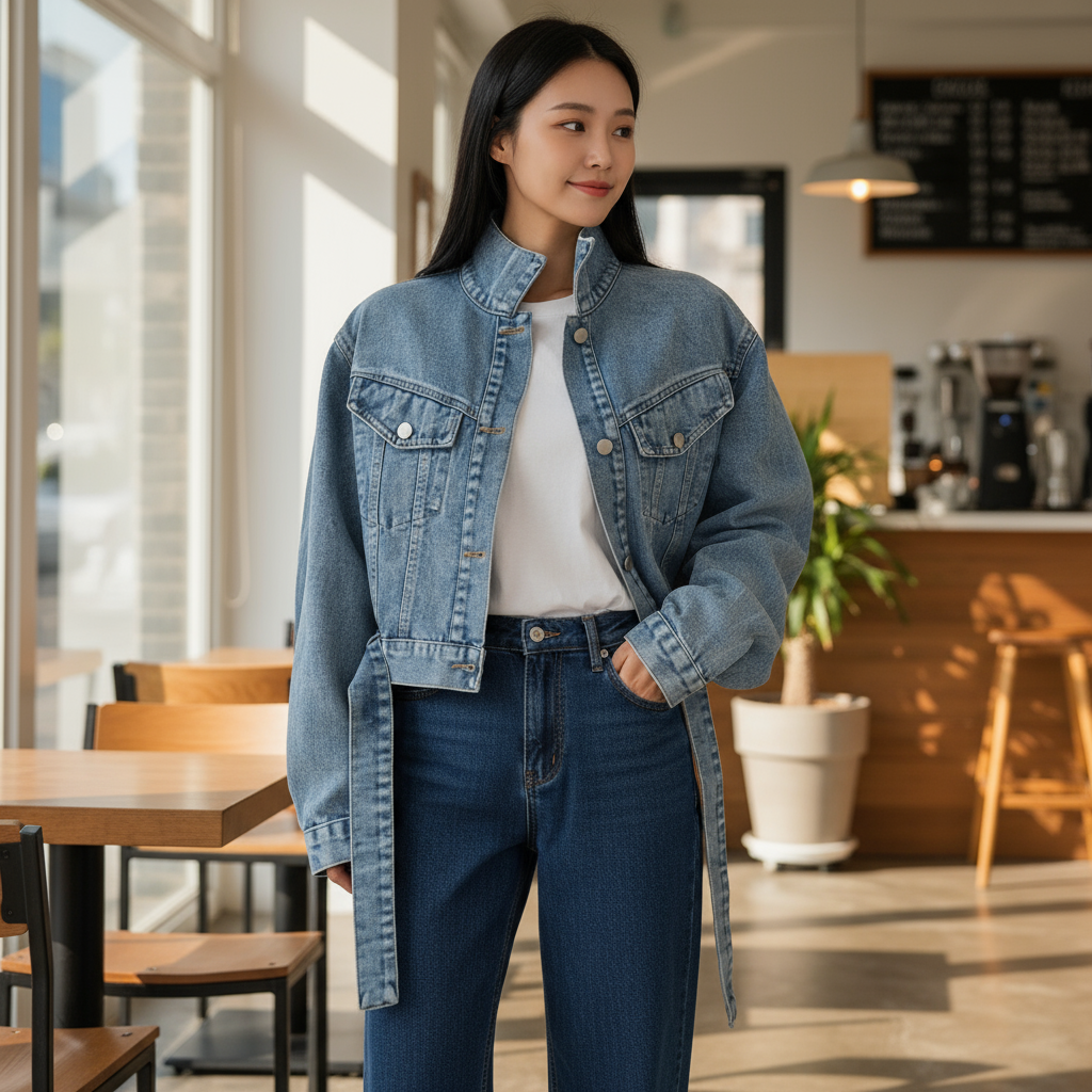 Veste denim oversize femme en jean bleu clair, coupe ample avec poches poitrine à boutons métal. Image
