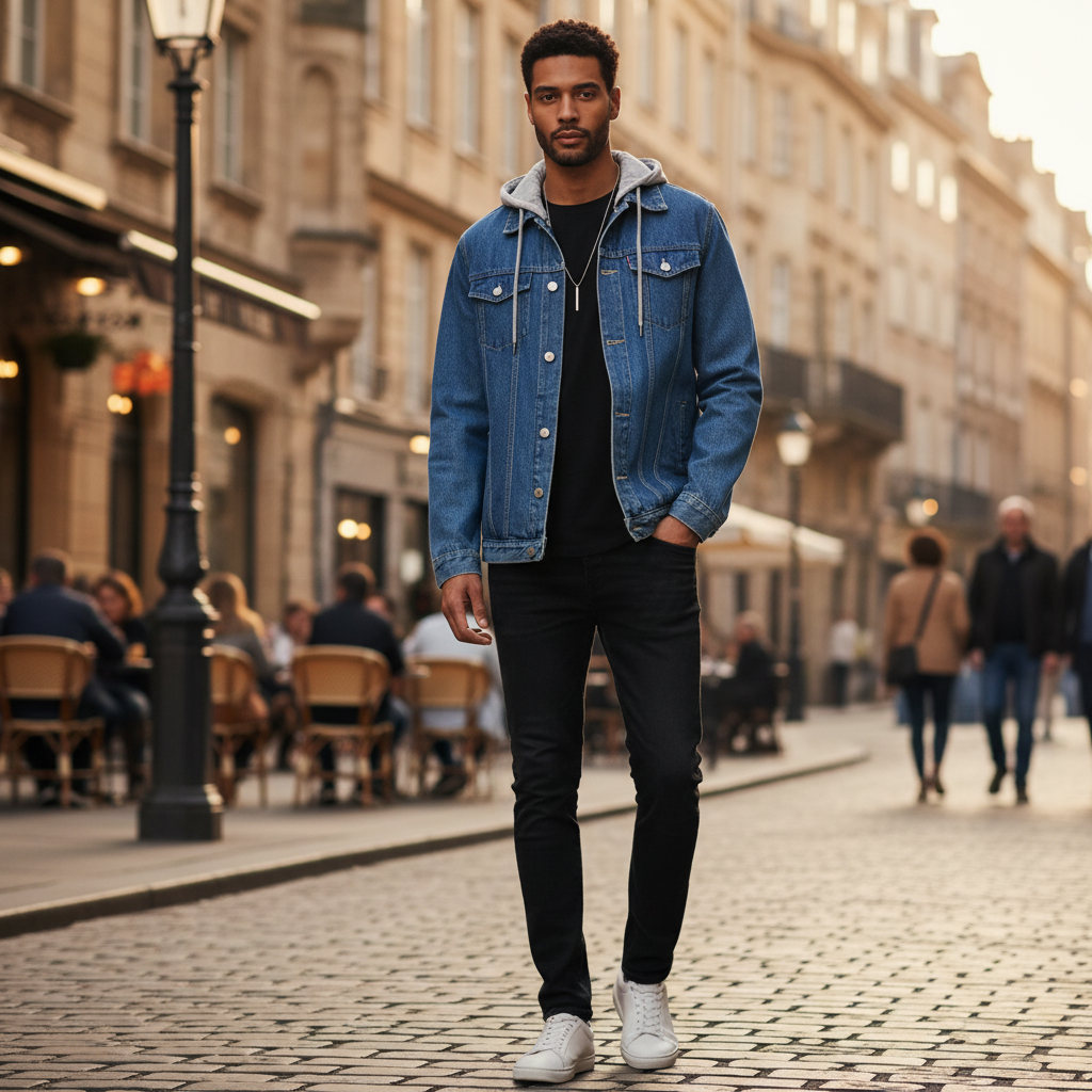 Veste en jean à capuche amovible bleu homme en denim, coupe droite avec poches à bouton. Image