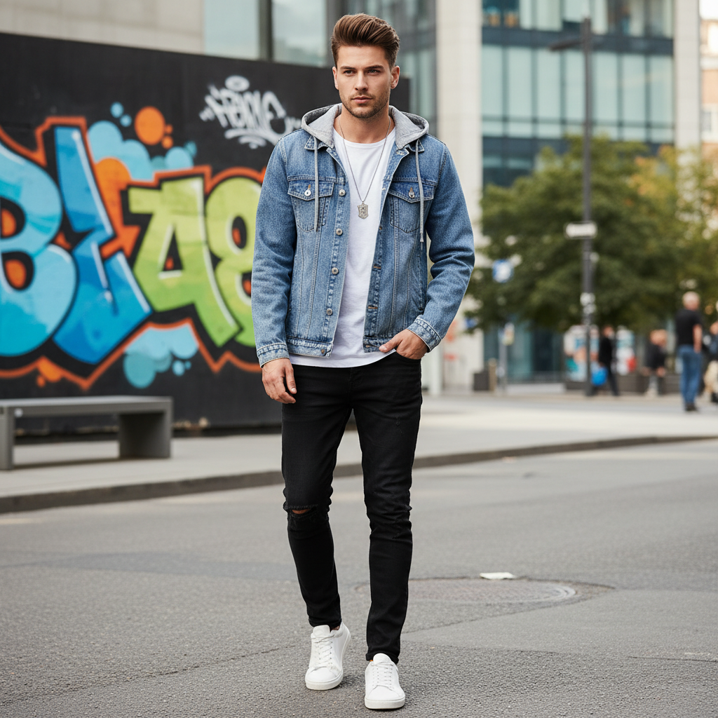 Veste en jean à capuche homme bleu clair en denim avec capuche grise en coton, style décontracté. Image
