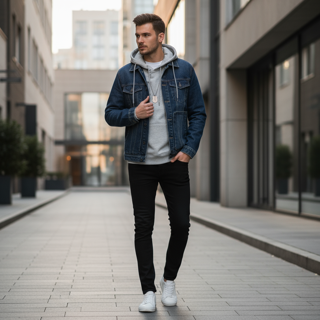 Veste en jean à capuche homme bleu foncé en denim avec doublure en coton gris, style décontracté. Image